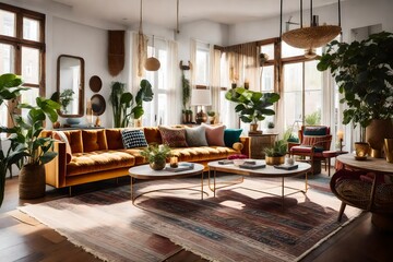 A bohemian-chic living room with an eclectic and relaxed feel thanks to its mismatched furniture, rich textures, and variety of patterns.
