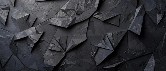 Abstract black background with triangles and irregular shapes. Modern design for banner, poster or packaging. Flat lay, top view
