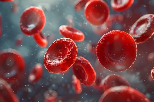 Highly detailed and realistic, this ultra-magnified image of human red blood cells is perfectly suited for use in medical textbooks to aid in educational illustrations.