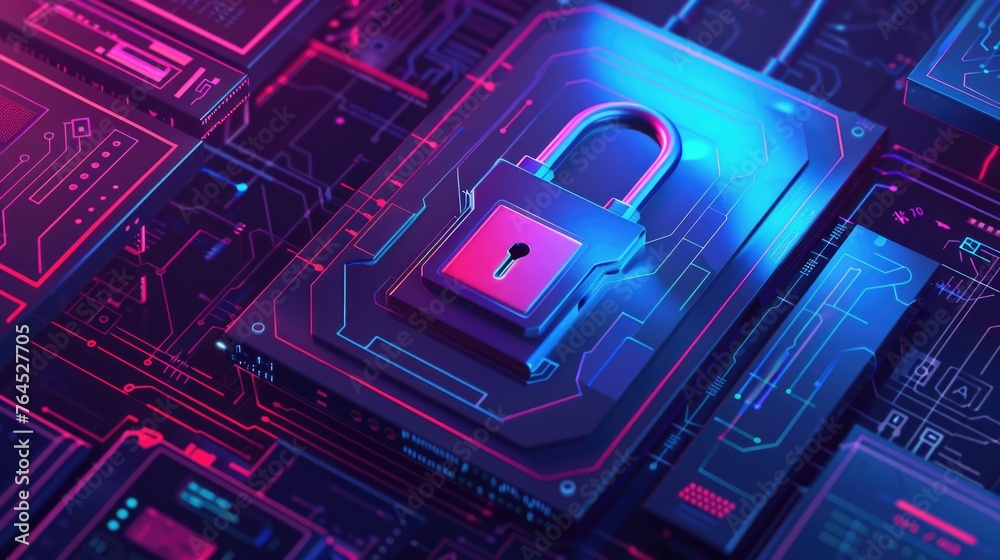 Poster Close-up of a lock on a circuit board, suitable for tech concepts