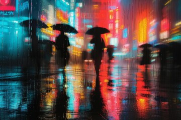 Silhouetted figures with umbrellas in vibrant neon-lit rain, a cityscape reflected on wet pavement.
