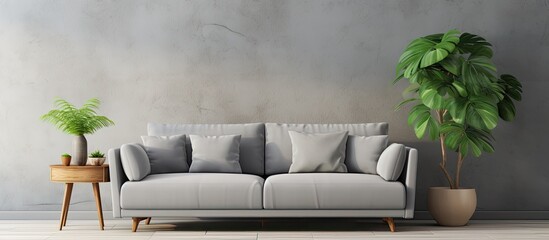A gray couch is placed beside a green plant in a well-furnished living room with a cozy ambiance - obrazy, fototapety, plakaty