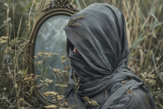 Mysterious Figure with Veil and Antique Mirror in Nature