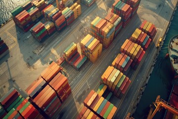 Aerial view of a large container ship docked. Suitable for logistics and transportation concepts