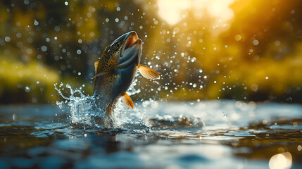 A River's Majesty: Panoramic View - Trout Leaps to Claim its Prize - obrazy, fototapety, plakaty