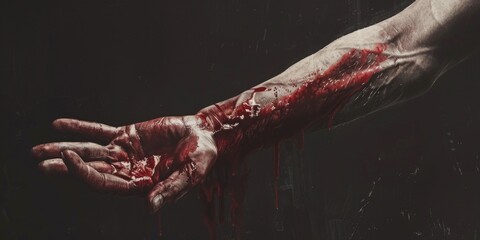 A gruesome image of a bloody hand with blood dripping from it. Perfect for horror or crime scene concepts - obrazy, fototapety, plakaty