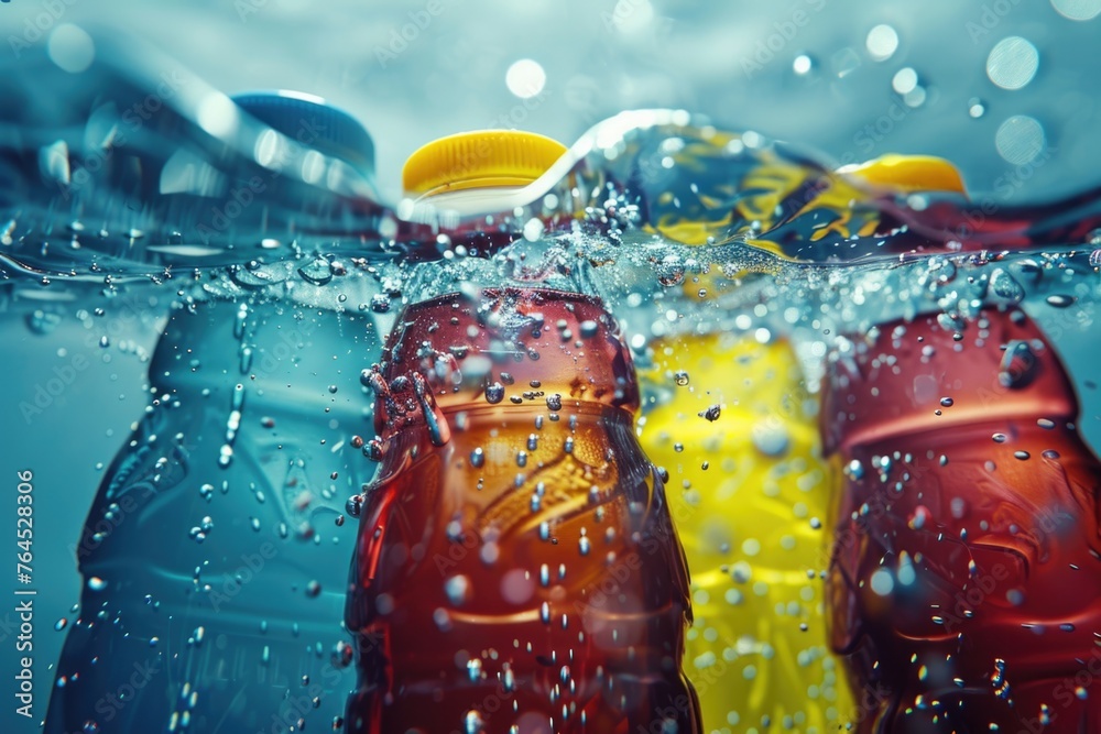 Poster close up of a soda bottle submerged in water. suitable for beverage or environmental concepts