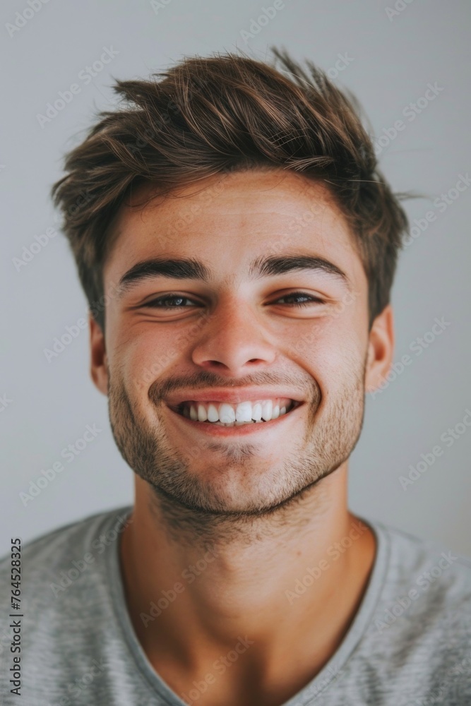 Poster a young man smiling and looking at the camera. suitable for various projects