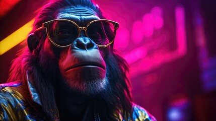 Neon portrait of gorilla rapper, gangster monkey character - obrazy, fototapety, plakaty