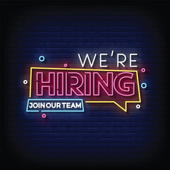 Neon Sign we are hiring with brick wall background vector