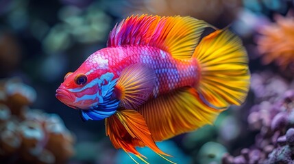 Fototapeta premium Red and blue fish, aquarium corals, water background