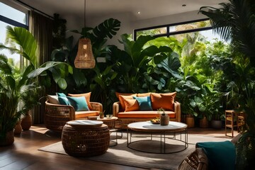 Fototapeta premium A tropical oasis living room with rattan furniture, brilliant colors, and tropical plants evokes a sense of leisure and vacation.