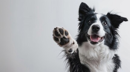 A black and white dog lifting its paw. Suitable for pet care and animal training concepts