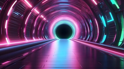 Abstract futuristic background portal tunnel with flare lights and neon pink, blue, and green lights that shine while traveling at a rapid pace. Science-style wallpaper with a data transport notion