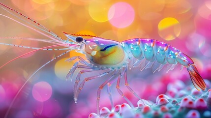   a vividly-colored shrimp, set against a blurry background and softly diffused lights