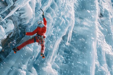 A man in a red jacket climbing on ice. Suitable for outdoor sports and adventure concepts - obrazy, fototapety, plakaty