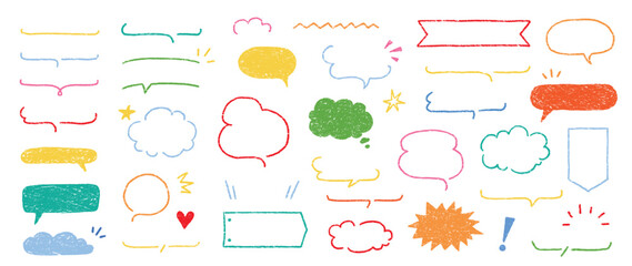 Cute crayon frame speech bubble set. Crayon chalk background speech bubble frame. Hand drawn chalk pencil dialog balloon, children color doodle text cloud. Vector illustration - obrazy, fototapety, plakaty