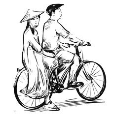 Drawing of vietnamese traditional costume wearing Ao dai ride a bicycle at Hua.