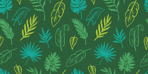 Tropical leaf seamless pattern background. Hand drawn crayon brush abstract green tropic leaves seamless pattern. Floral abstract hand drawn print background. Vector illustration