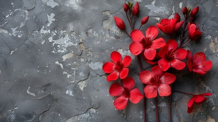  A cluster of crimson blossoms rests atop gray concrete near a weathered brick wall with chipped paint
