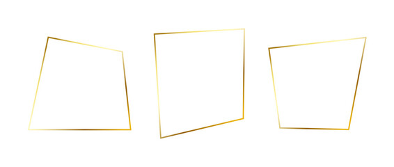 Set of golden thin frames. Gold foil geometric borders in art deco style. Thin linear irregular square collection. Yellow glowing shiny boarder element pack. Vector bundle for photo, cadre, decor - obrazy, fototapety, plakaty