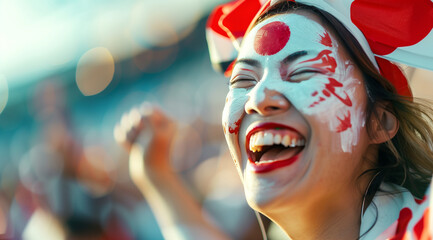 Joyful japan fan with painted face at sports event with blurry stadium background