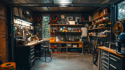 Deurstickers Interior of spacious, bright and clean garage workshop for DIY works and repairs. Workbenches, tools and technical equipment. Bikes, motorcycles and cars repair and tuning. © Fat Bee