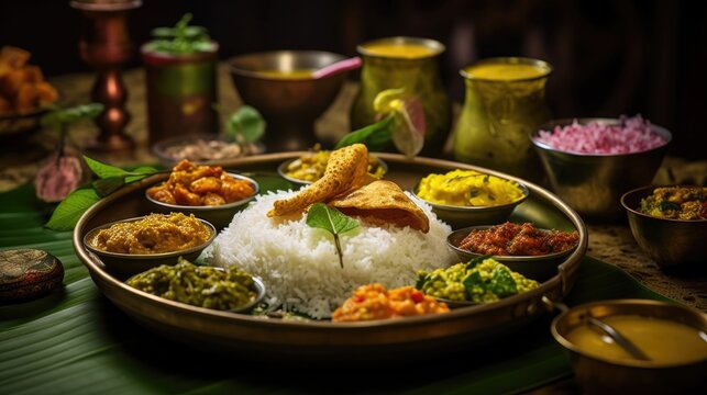 Traditional food Onam Sadya served on Festival day onam, Vegetarian meal with rice and curries, kerala food