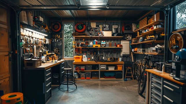 Interior of spacious, bright and clean garage workshop for DIY works and repairs. Workbenches, tools and technical equipment. Bikes, motorcycles and cars repair and tuning.
