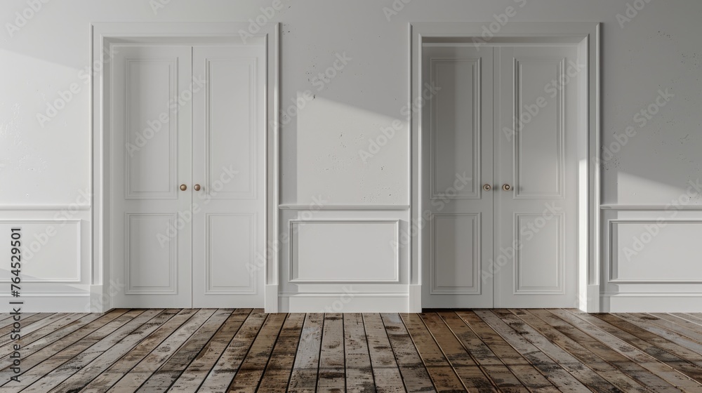Poster A simple and versatile image of an empty room with white walls and wooden floors. Ideal for various design projects