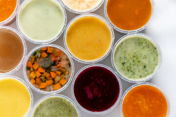different kinds of soups, top view
