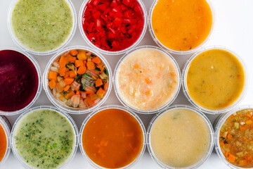 different kinds of soups, top view