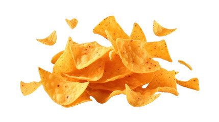 Fototapeta premium Flying mexican nachos chips isolated on transparent and white background.PNG image. 
