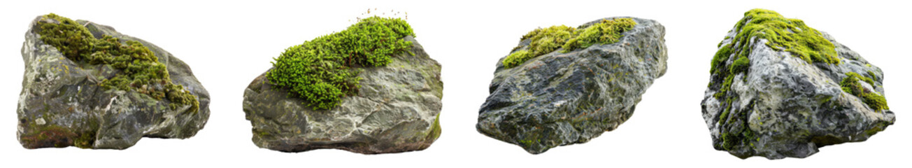 Set of nature mossy rocks isolated on a transparent background