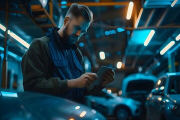Mechanic uses tablet with AR diagnostics software to inspect car. Concept Automotive Technology, Augmented Reality, Car Repairs, Mechanic Tools, Diagnostic Software