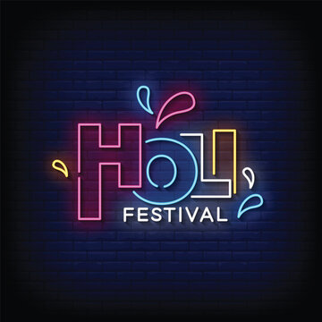 Neon Sign holi festival with brick wall background vector