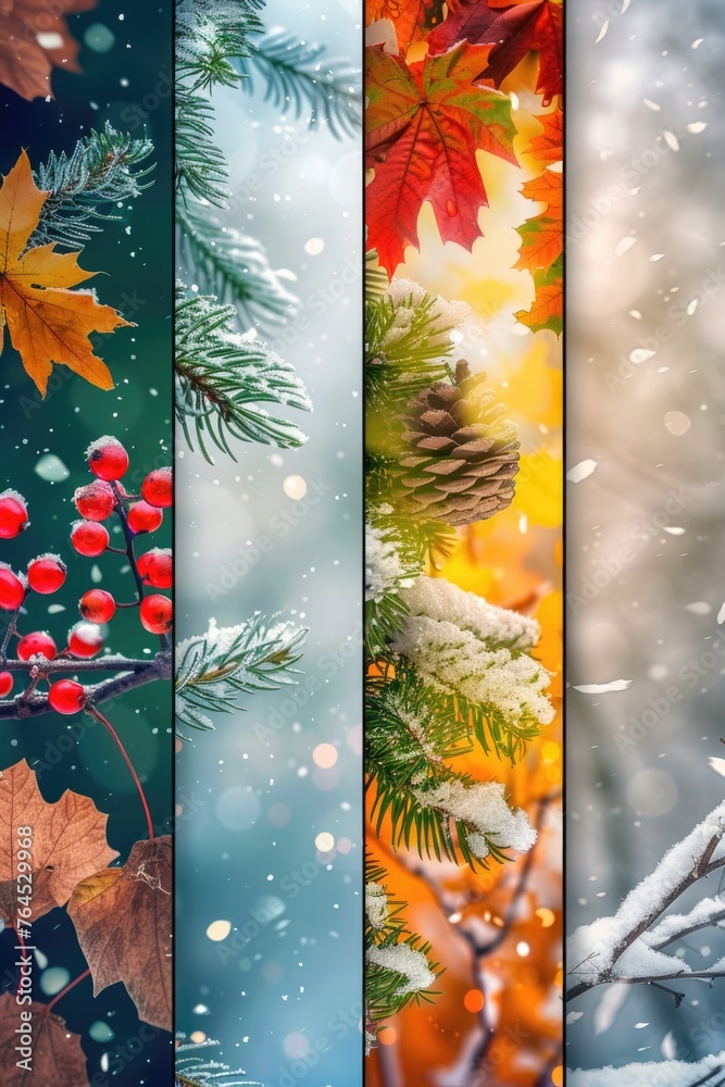 Poster collection of four images representing different seasons. ideal for seasonal concepts