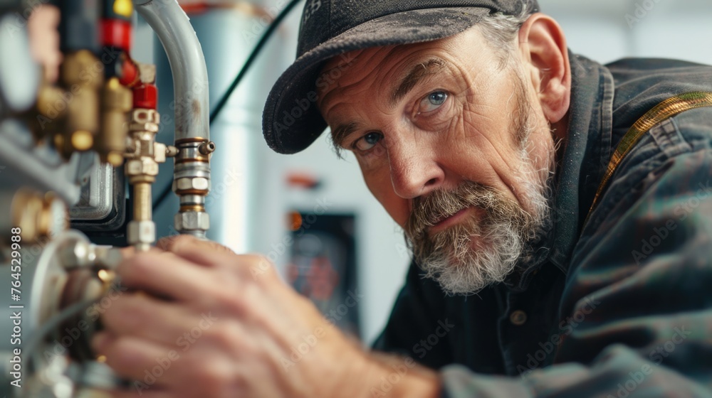 Aufkleber a man in a cap working on a machine. suitable for industrial and manufacturing concepts
