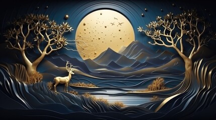 3d modern art mural wallpaper with dark blue and golden wave background. mountains, golden deer and birds. gold on a dark blue backdrop background