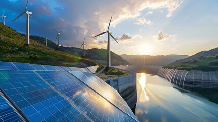 A collage of diverse renewable energy sources such as solar panels, wind turbines, and hydroelectric dams, symbolizing the future