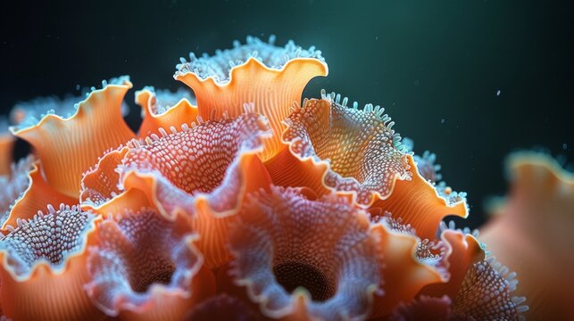  A close-up of an orange and white sea anemone, with water droplets on both sides