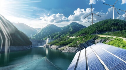 A collage of diverse renewable energy sources such as solar panels, wind turbines, and hydroelectric dams, symbolizing the future - obrazy, fototapety, plakaty