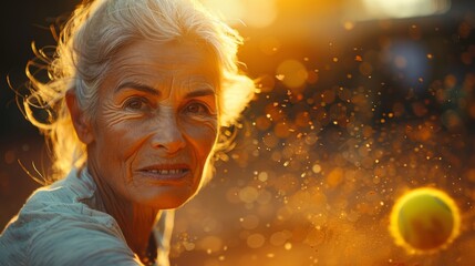 Elderly woman playing tennis expressing joy, concept of golden age, zest for life, and seizing the moment - obrazy, fototapety, plakaty