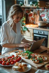 Woman working on laptop in a kitchen, suitable for remote work concepts