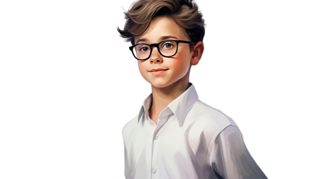 Cartoon concept, boy in glasses and short isolated on transparent and white background.PNG image.