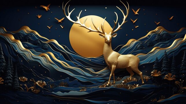 3d modern art mural wallpaper with dark blue and golden wave background. mountains, golden deer and birds. gold on a dark blue backdrop background