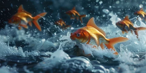 Fotobehang A group of goldfish swimming in a body of water. Suitable for aquatic themes © Fotograf