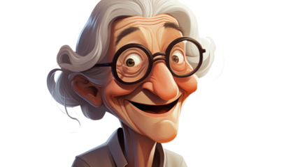 cartoon concept,old granny woman is smiling toothy fillet isolated on transparent and white background.PNG image.
