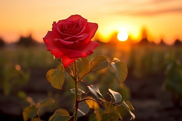 Red rose in the nature during sunset. Love and romantic theme.