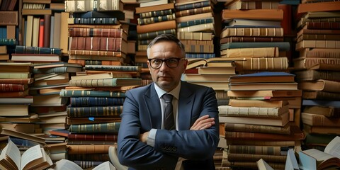 The Importance of Continuous Learning: A Businessman Surrounded by Stacks of Books. Concept Continuous Learning, Business Growth, Reading Habits, Personal Development, Professional Success - obrazy, fototapety, plakaty